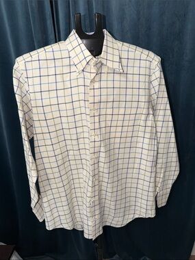 Men's White Dress Shirt with Blue Windowpane Check